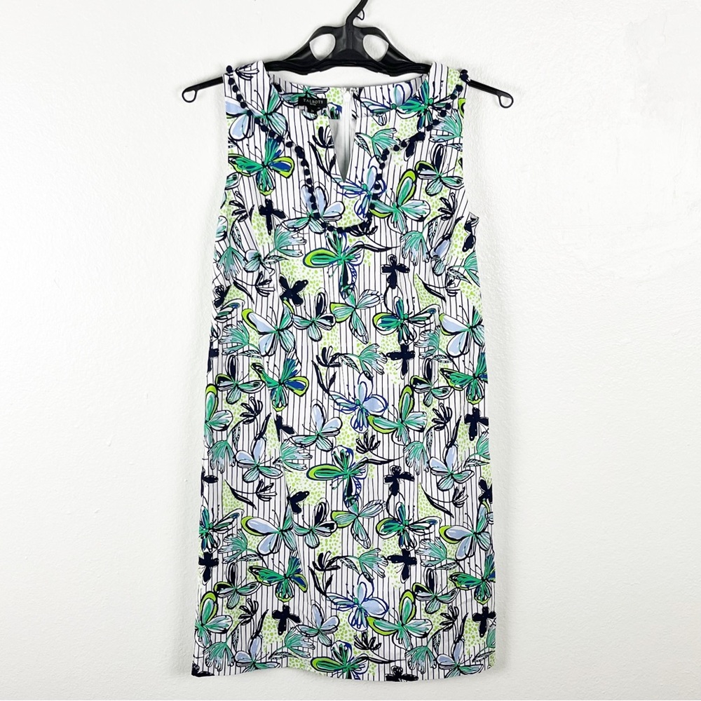 TALBOTS Floral Butterfly Print Pom Pom Trim Sleeveless Pockets Lined Dress 2P